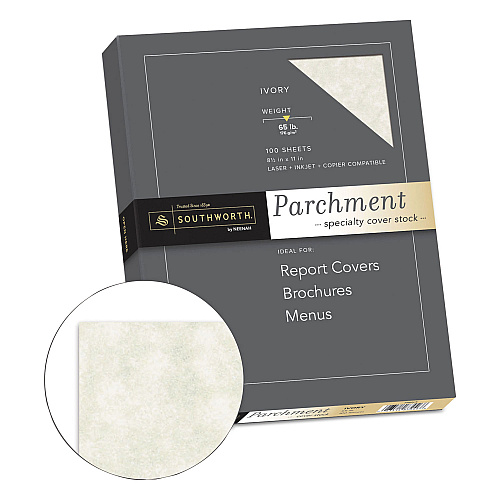 Southworth Parchment Specialty Paper, 65 lb Cover Weight, 8.5 x 11, Ivory, 100/Box (Z980CK)