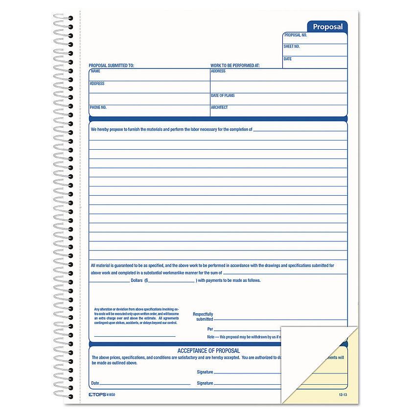 TOPS Spiralbound Proposal Form Book, Two-Part Carbonless, 8.5 x 11, 1/Page, 50 Forms (41850)