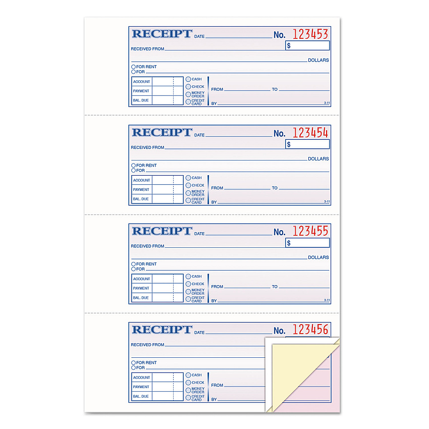 TOPS Money/Rent Receipt Books, Three-Part Carbonless, 2.75 x 7.13, 4/Page, 100 Forms (46808)