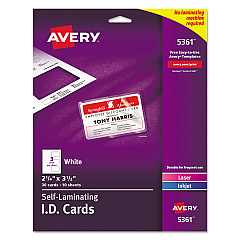 Avery Laminated Laser/Inkjet ID Cards, 2 1/4 x 3 1/2, White, 30/Box (5361)