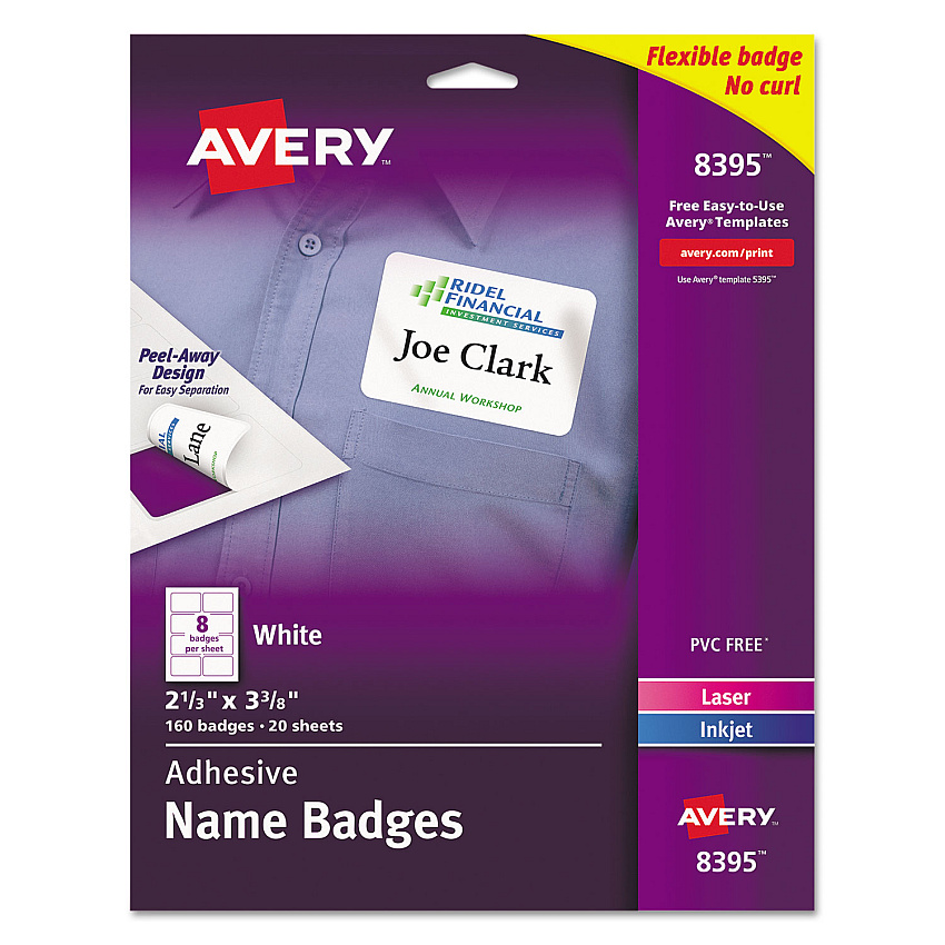 Avery Flexible Adhesive Name Badge Labels, 3.38 x 2.33, White, 160/Pack (8395)