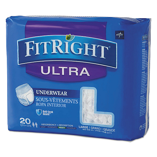 Medline FitRight Ultra Protective Underwear, Large, 40" to 56" Waist, 20/Pack, 4 Pack/Carton (FIT23505ACT)