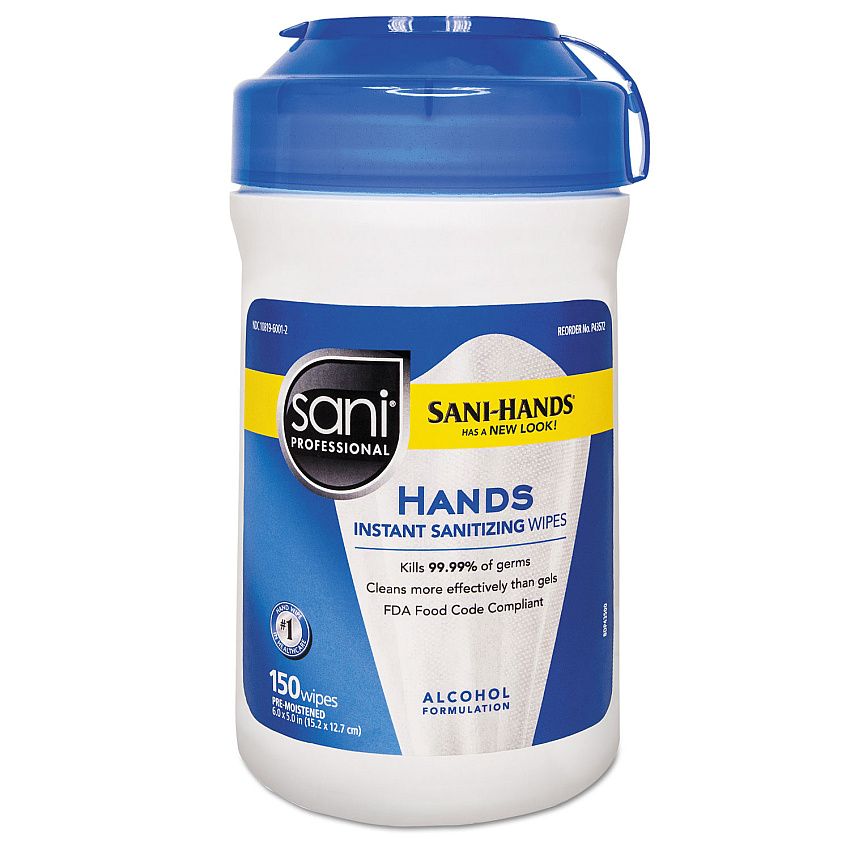 Sani Professional Hands Instant Sanitizing Wipes, 6 x 5, White, 150/Canister, 12/Carton (P43572CT)