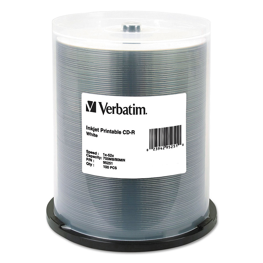 Verbatim CD-R Printable Recordable Disc, 700 MB/80 min, 52x, Spindle, White, 100/Pack (95251)