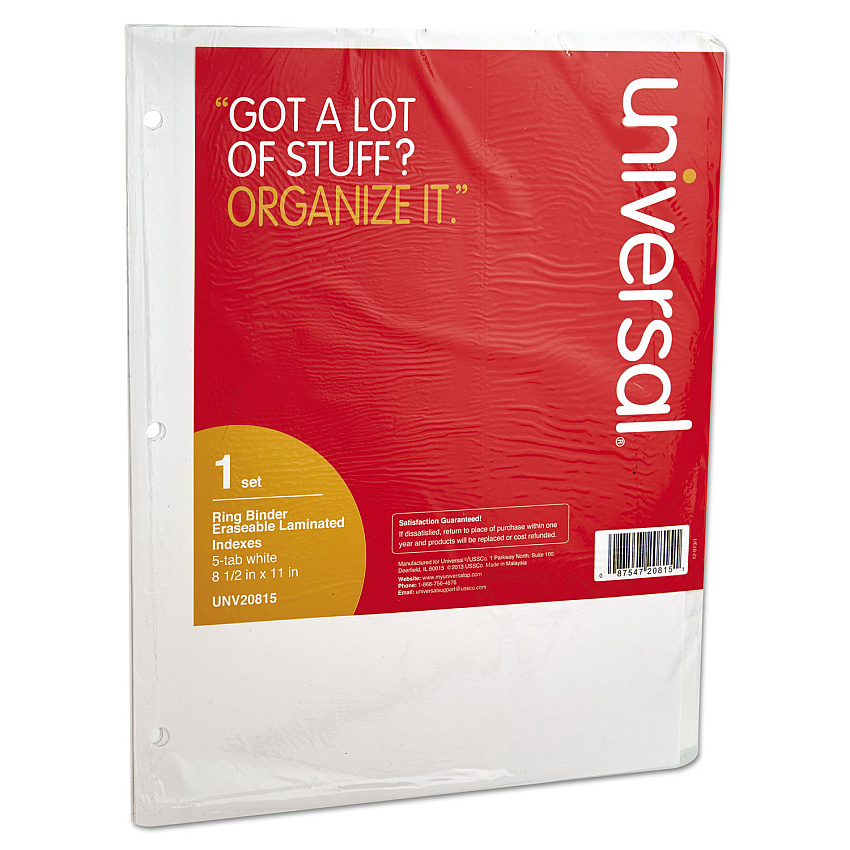 Universal Deluxe Write-On/Erasable Tab Index, 5-Tab, 11 x 8.5, White, 1 Set (UNV20815)