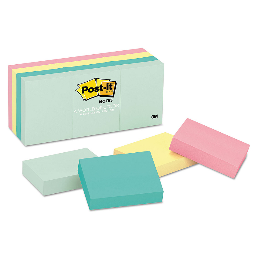 Post-it Notes Original Pads in Beachside Cafe Collection Colors, 1.38" x 1.88", 100 Sheets/Pad, 12 Pads/Pack (653AST)