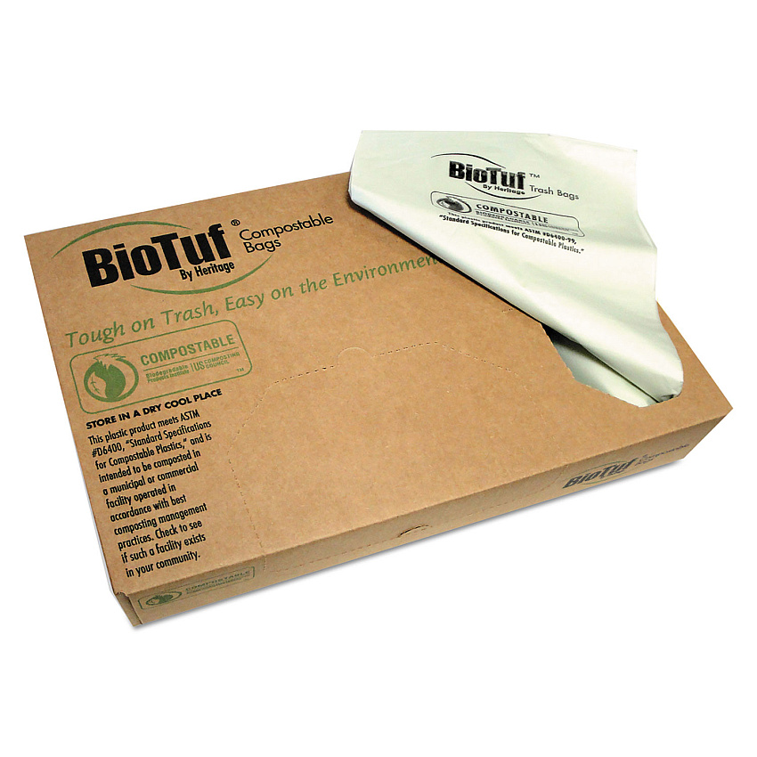 Heritage Biotuf Compostable Can Liners, 60 gal, 0.9 mil, 38" x 58", Green, 100/Carton (Y7658TER01)