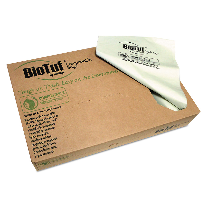 Heritage Biotuf Compostable Can Liners, 45 gal, 0.9 mil, 40" x 46", Green, 100/Carton (Y8046TER01)
