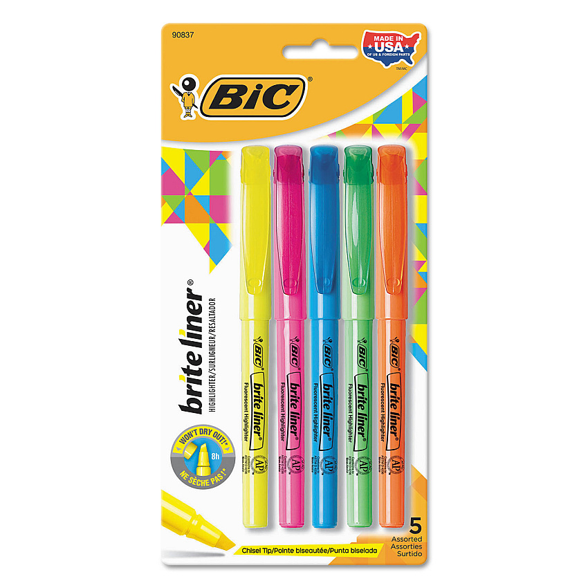 BIC Brite Liner Highlighter, Assorted Ink Colors, Chisel Tip, Assorted Barrel Colors, 5/Set (BLP51WASST)