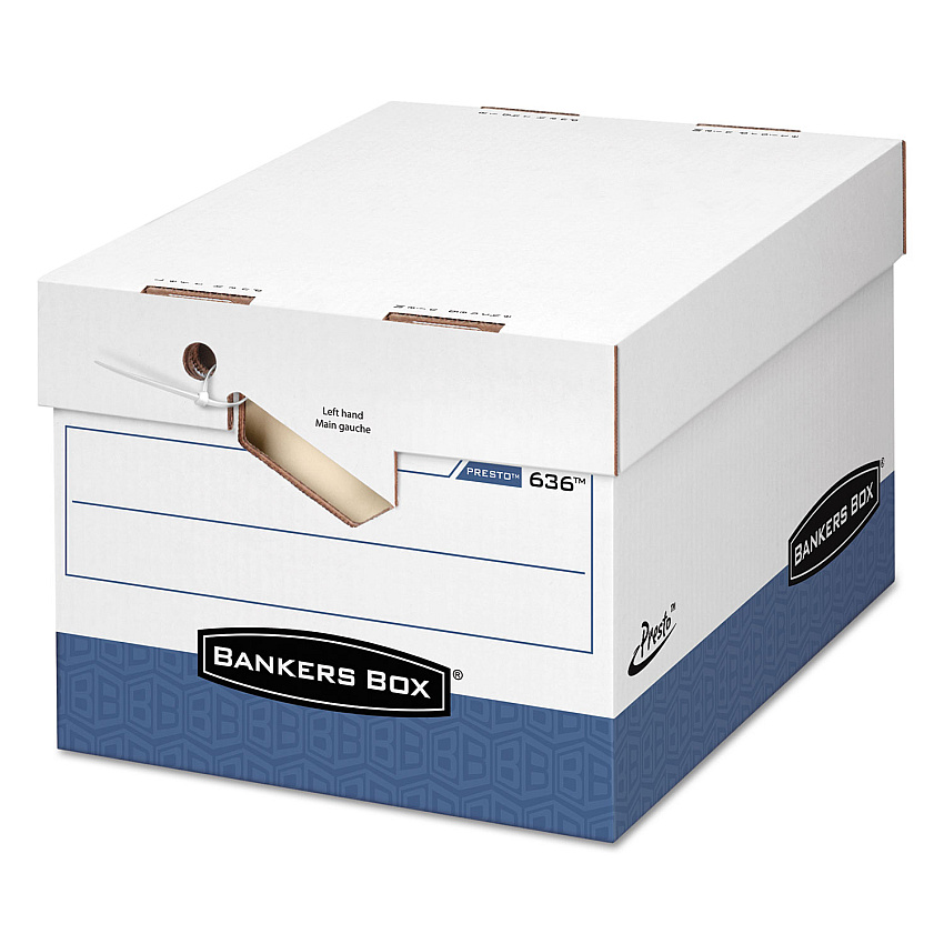 Bankers Box PRESTO Ergonomic Design Storage Boxes, Letter/Legal Files, 12.88" x 16.5" x 10.38", White/Blue, 12/Carton (0063601)