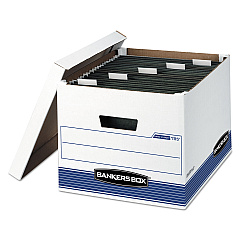 Bankers Box HANG'N'STOR Medium-Duty Storage Boxes, Letter/Legal Files, 13" x 16" x 10.5", White/Blue, 4/Carton (00785)
