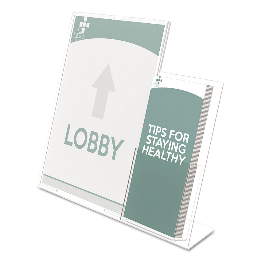 deflecto Superior Image Slanted Sign Holder with Side Pocket, 13.5w x 4.25d x 10.88h, Clear (599401)
