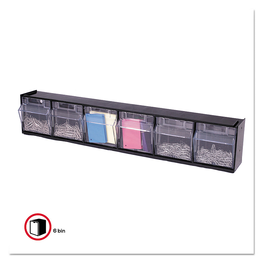 deflecto Tilt Bin Interlocking Multi-Bin Storage Organizer, 6 Sections, 23.63" x 3.63" x 4.5", Black/Clear (20604OP)