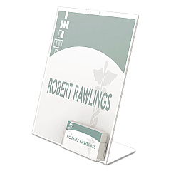deflecto Superior Image Slanted Sign Holder with Business Card Holder, 8.5w x 4.5d x 11h, Clear (590601)