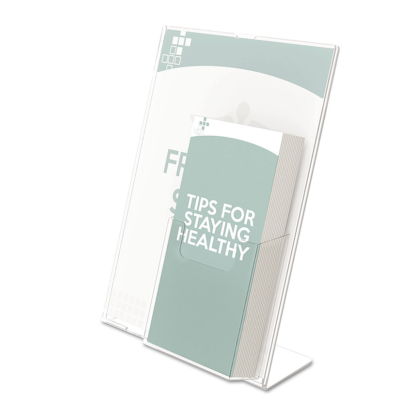 deflecto Superior Image Slanted Sign Holder with Front Pocket, 9w x 4.5d x 10.75h, Clear (590501)