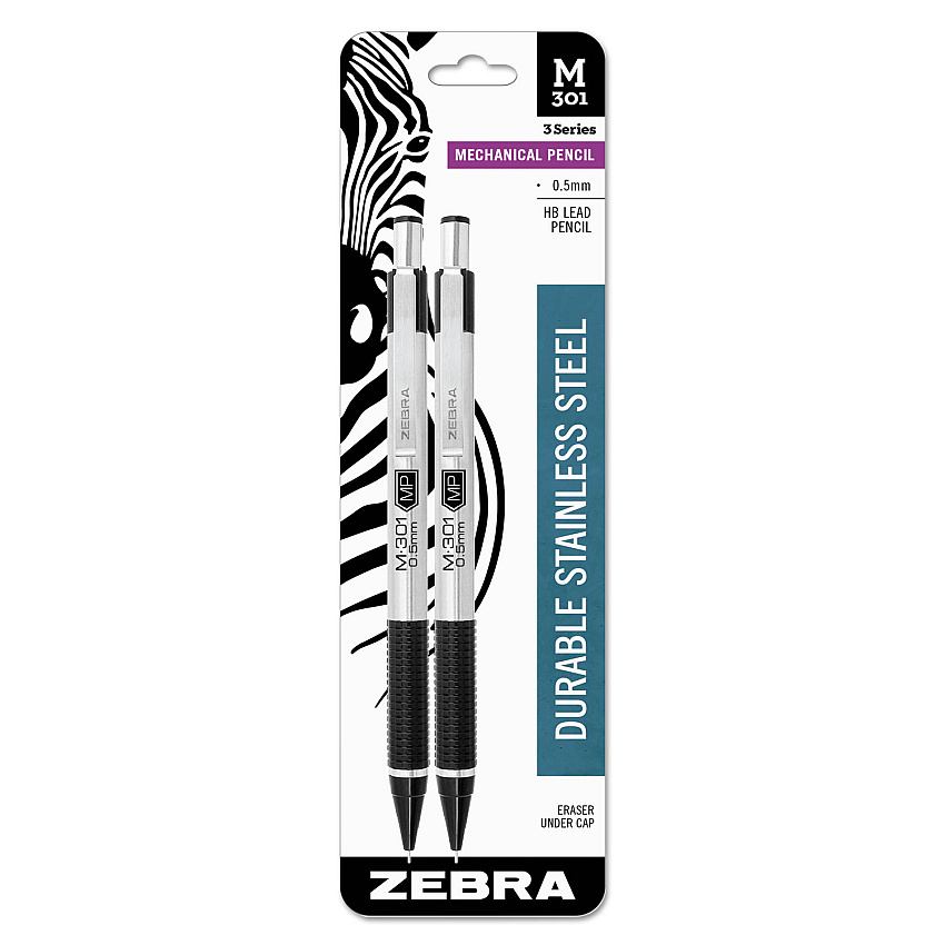 Zebra M-301 Mechanical Pencil, 0.5 mm, HB (#2.5), Black Lead, Steel/Black Accents Barrel, 2/Pack (54012)