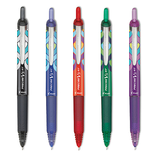 Pilot Precise V5RT Deco Collection Roller Ball Pen, Retractable, Extra-Fine 0.5 mm, Assorted Peacock Ink and Barrel Colors, 5/Pack (41980)