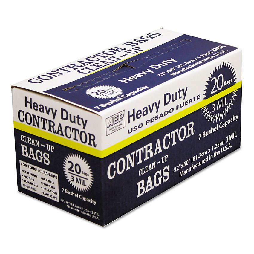 AEP Industries Inc. Heavy-Duty Contractor Clean-Up Bags, 60 gal, 3 mil, 32" x 50", Black, 20/Carton (186470)
