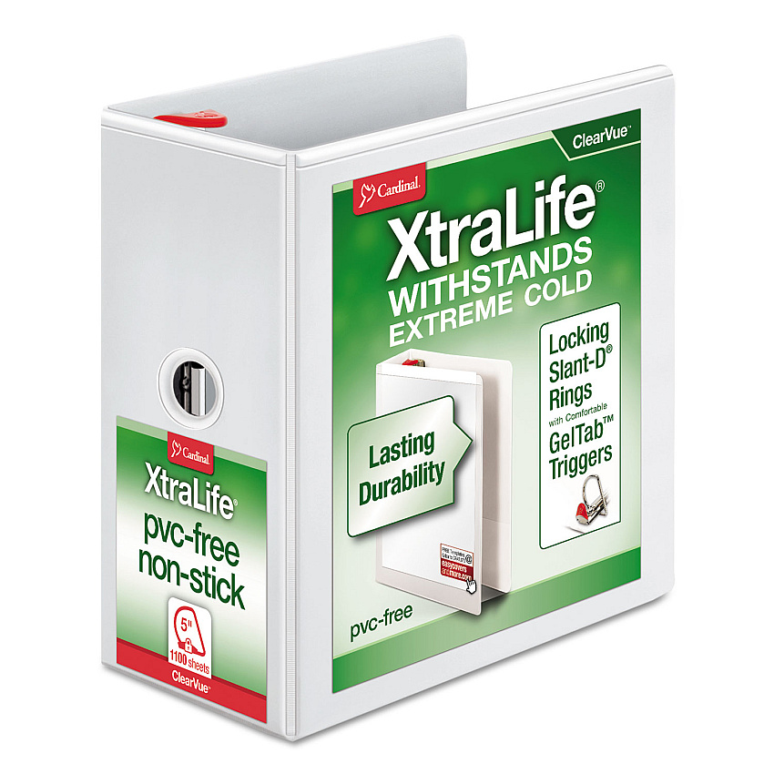 Cardinal XtraLife ClearVue Non-Stick Locking Slant-D Ring Binder, 3 Rings, 5" Capacity, 11 x 8.5, White (26350)