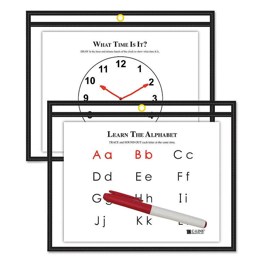 C-Line Reusable Dry Erase Pockets, 12 x 9, Black (40711)