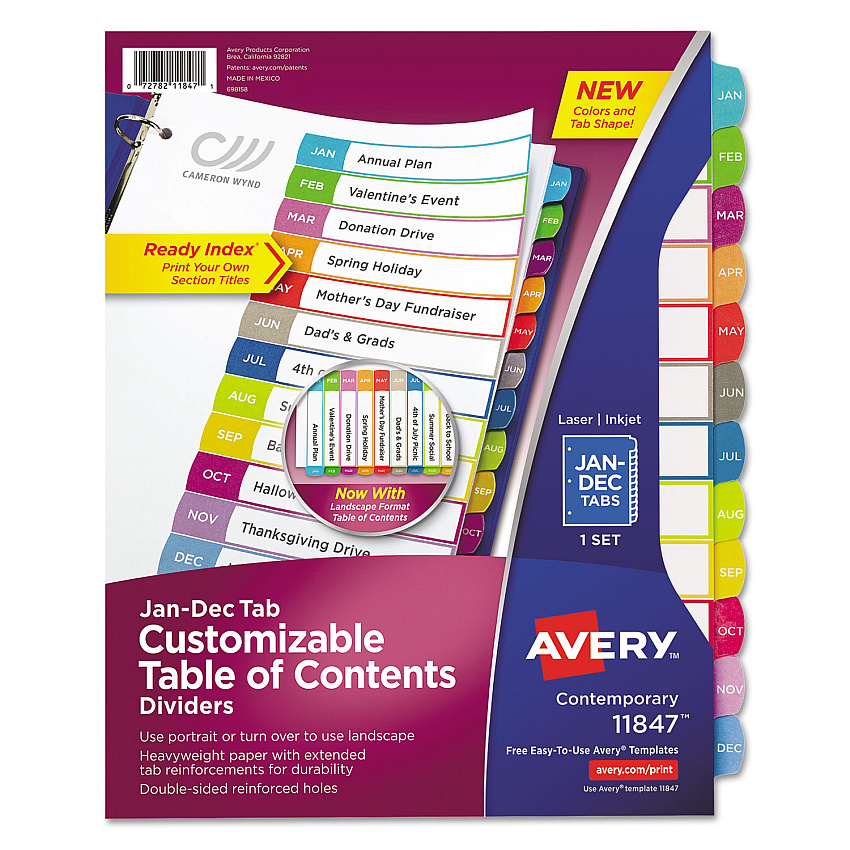Avery Customizable TOC Ready Index Multicolor Dividers, Jan-Dec, Letter (11847)