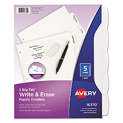 Avery Write and Erase Big Tab Durable Plastic Dividers, 3-Hole Punched, 5-Tab, 11 x 8.5, White, 1 Set (16370)