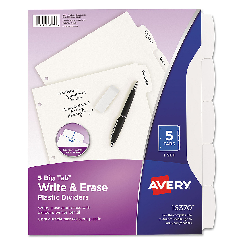 Avery Write and Erase Big Tab Durable Plastic Dividers, 3-Hole Punched, 5-Tab, 11 x 8.5, White, 1 Set (16370)