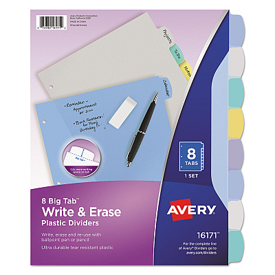 Avery Write and Erase Big Tab Durable Plastic Dividers, 3-Hold Punched, 8-Tab, 11 x 8.5, Assorted, 1 Set (16171)