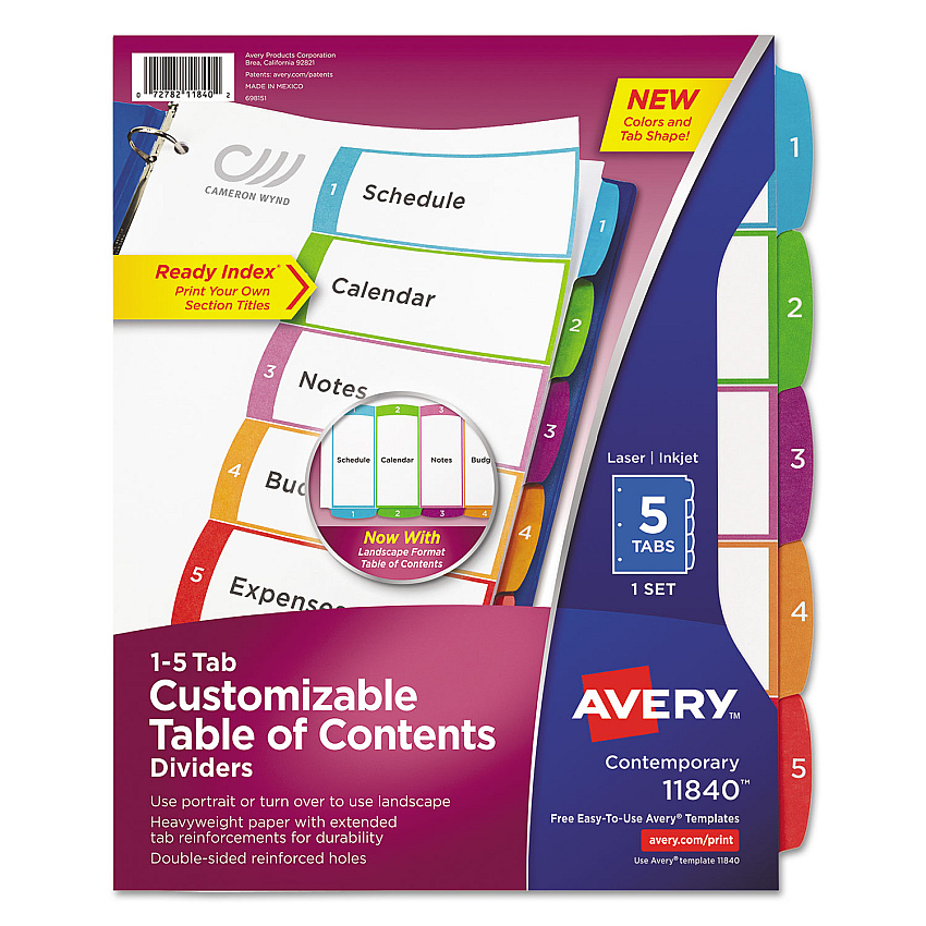 Avery Customizable TOC Ready Index Multicolor Dividers, 1-5, Letter (11840)