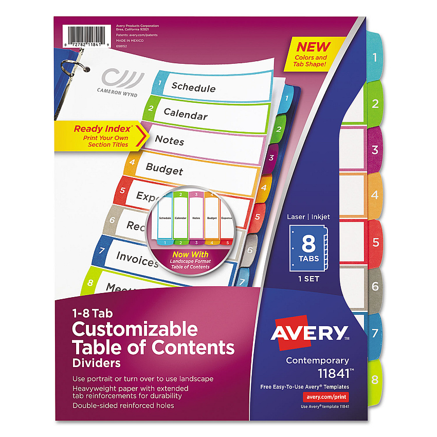 Avery Customizable TOC Ready Index Multicolor Dividers, 1-8, Letter (11841)