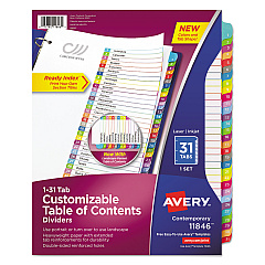 Avery Customizable TOC Ready Index Multicolor Dividers, 1-31, Letter (11846)