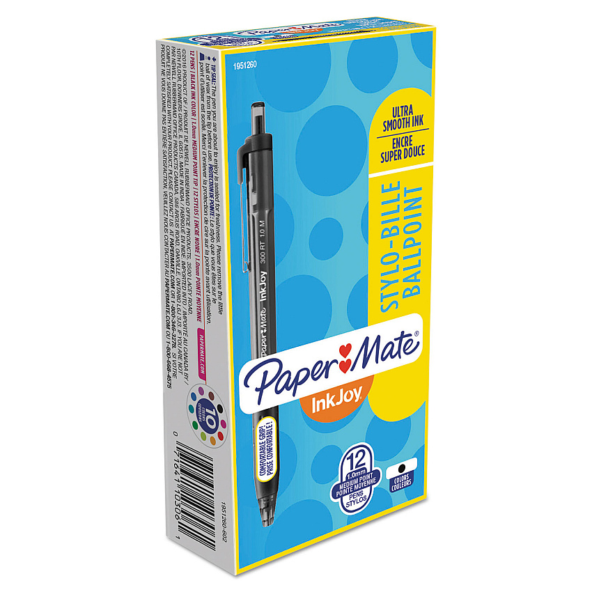 Paper Mate InkJoy 300 RT Ballpoint Pen, Refillable, Retractable, Medium 1 mm, Black Ink, Black Barrel, Dozen (1951260)