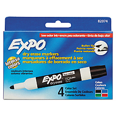 EXPO Low-Odor Dry-Erase Marker, Medium Bullet Tip, Assorted Colors, 4/Set (82074)