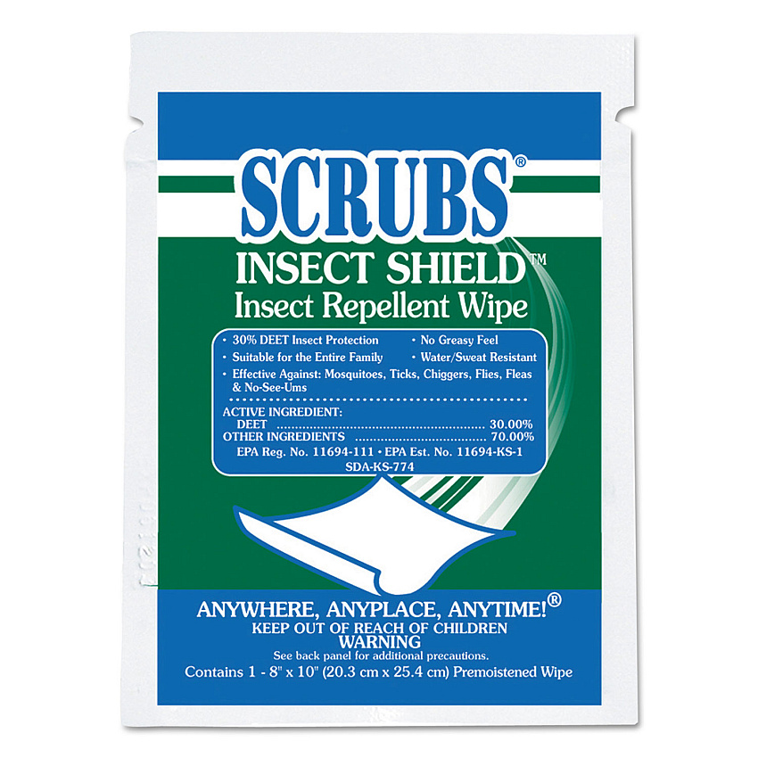 SCRUBS Insect Shield Insect Repellent Wipes, 8 x 10, White, 100/Carton (91401)