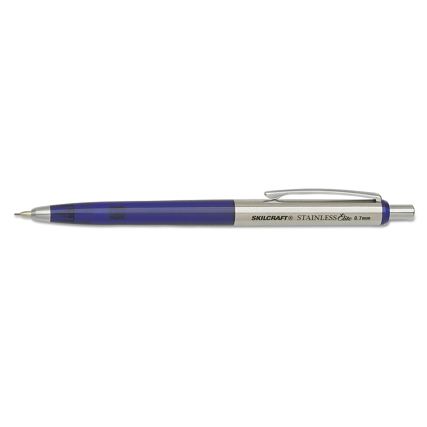 AbilityOne 7520016558504 SKILCRAFT Stainless Elite Mechanical Pencil, 0.7 mm, HB (#2.5), Black Lead, Blue/Silver Barrel, 3/Pack
