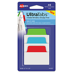 Avery Ultra Tabs Repositionable Standard Tabs, 1/5-Cut Tabs, Assorted Primary Colors, 2" Wide, 48/Pack (74757)