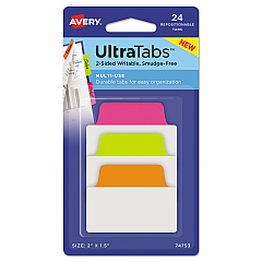 Avery Ultra Tabs Repositionable Standard Tabs, 1/5-Cut Tabs, Assorted Neon, 2" Wide, 24/Pack (74753)