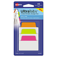 Avery Ultra Tabs Repositionable Standard Tabs, 1/5-Cut Tabs, Assorted Neon, 2" Wide, 48/Pack (74756)