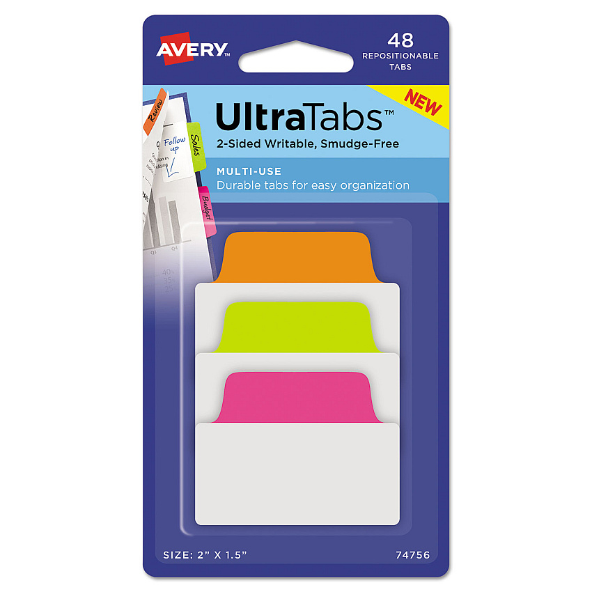 Avery Ultra Tabs Repositionable Standard Tabs, 1/5-Cut Tabs, Assorted Neon, 2" Wide, 48/Pack (74756)