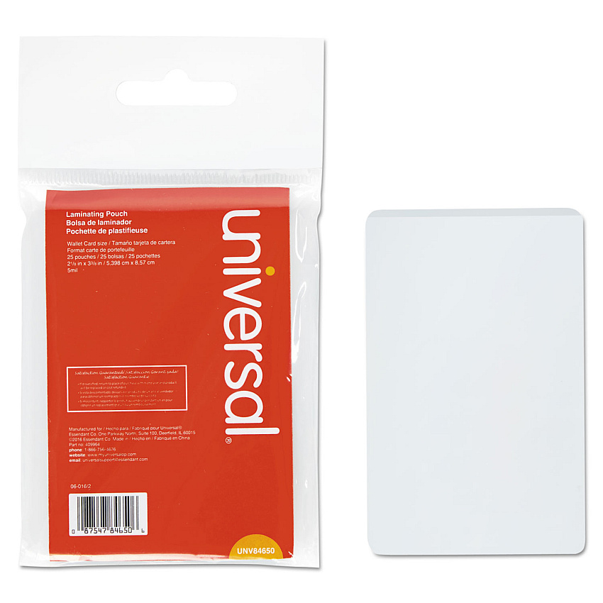 Universal Laminating Pouches, 5 mil, 2.13" x 3.38", Matte Clear, 25/Pack (UNV84650)