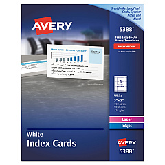 Avery Printable Index Cards with Sure Feed, Unruled, Inkjet/Laser, 3 x 5, White, 150 Cards, 3 Cards/Sheet, 50 Sheets/Box (5388)