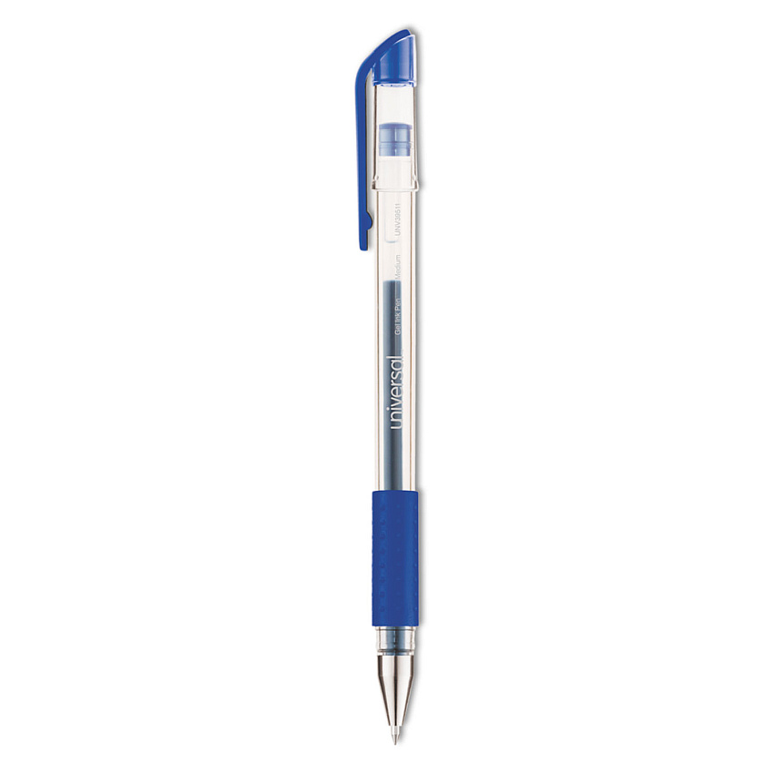 Universal Comfort Grip Gel Pen, Stick, Medium 0.7 mm, Blue Ink, Clear Barrel, Dozen (UNV39511)
