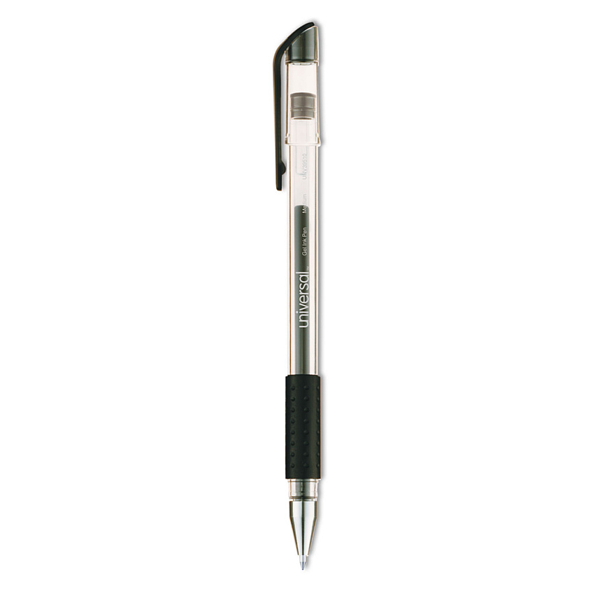 Universal Comfort Grip Gel Pen, Stick, Medium 0.7 mm, Black Ink, Clear Barrel, Dozen (UNV39510)