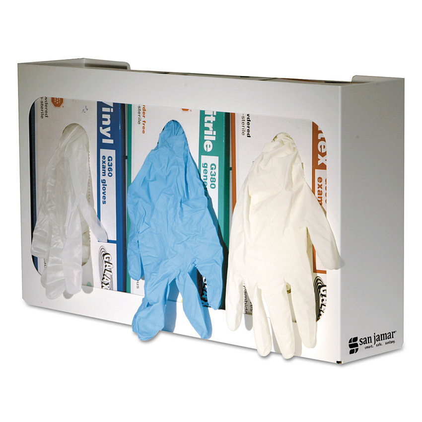 San Jamar White Enamel Disposable Glove Dispenser, Three-Box, 18w x 3 3/4d x 10h (G0804)