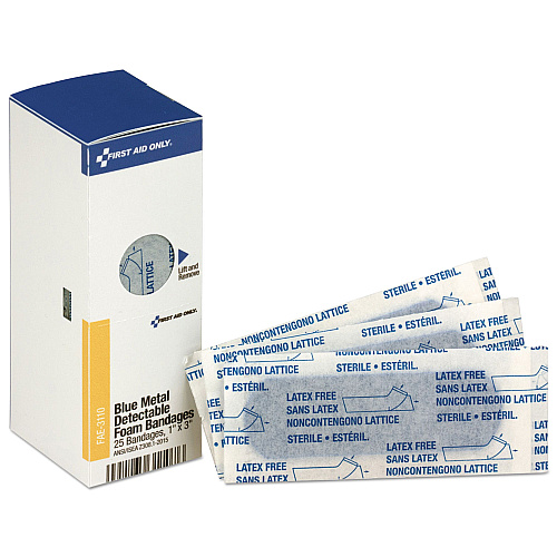 First Aid Only Metal Detectable Adhesive Bandages, Foam, Blue, 1 x 3, 25/Box (FAE3110)