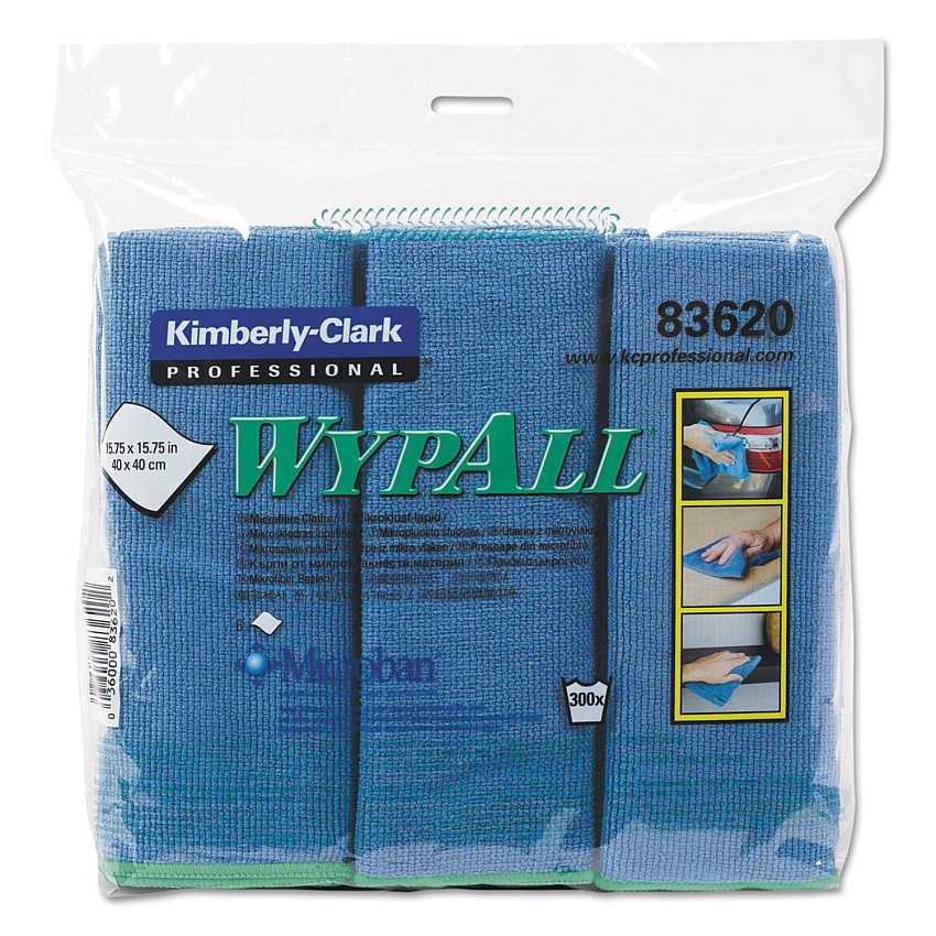 WypAll Microfiber Cloths, Reusable, 15.75 x 15.75, Blue, 6/Pack (83620)