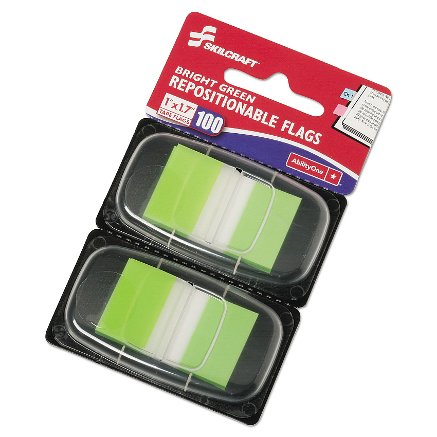 AbilityOne 7510013991152 SKILCRAFT Page Flags, 1 x 1.75, Bright Green, 50 Flags/Dispenser, 2 Dispensers/Pack100/Pack