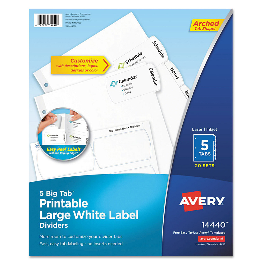Avery Big Tab Printable Large White Label Tab Dividers, 5-Tab, Letter, 20 per pack (14440)