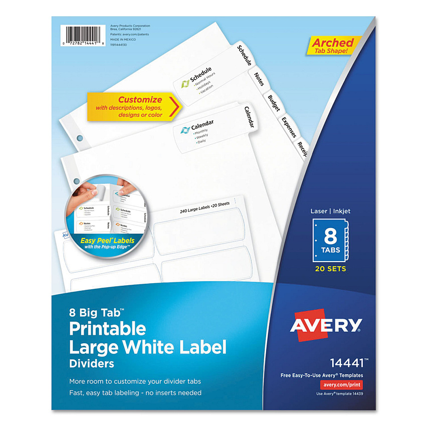 Avery Big Tab Printable Large White Label Tab Dividers, 8-Tab, Letter, 20 per pack (14441)