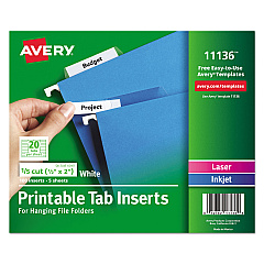 Avery Tabs Inserts For Hanging File Folders, 1/5-Cut Tabs, White, 2" Wide, 100/Pack (11136)
